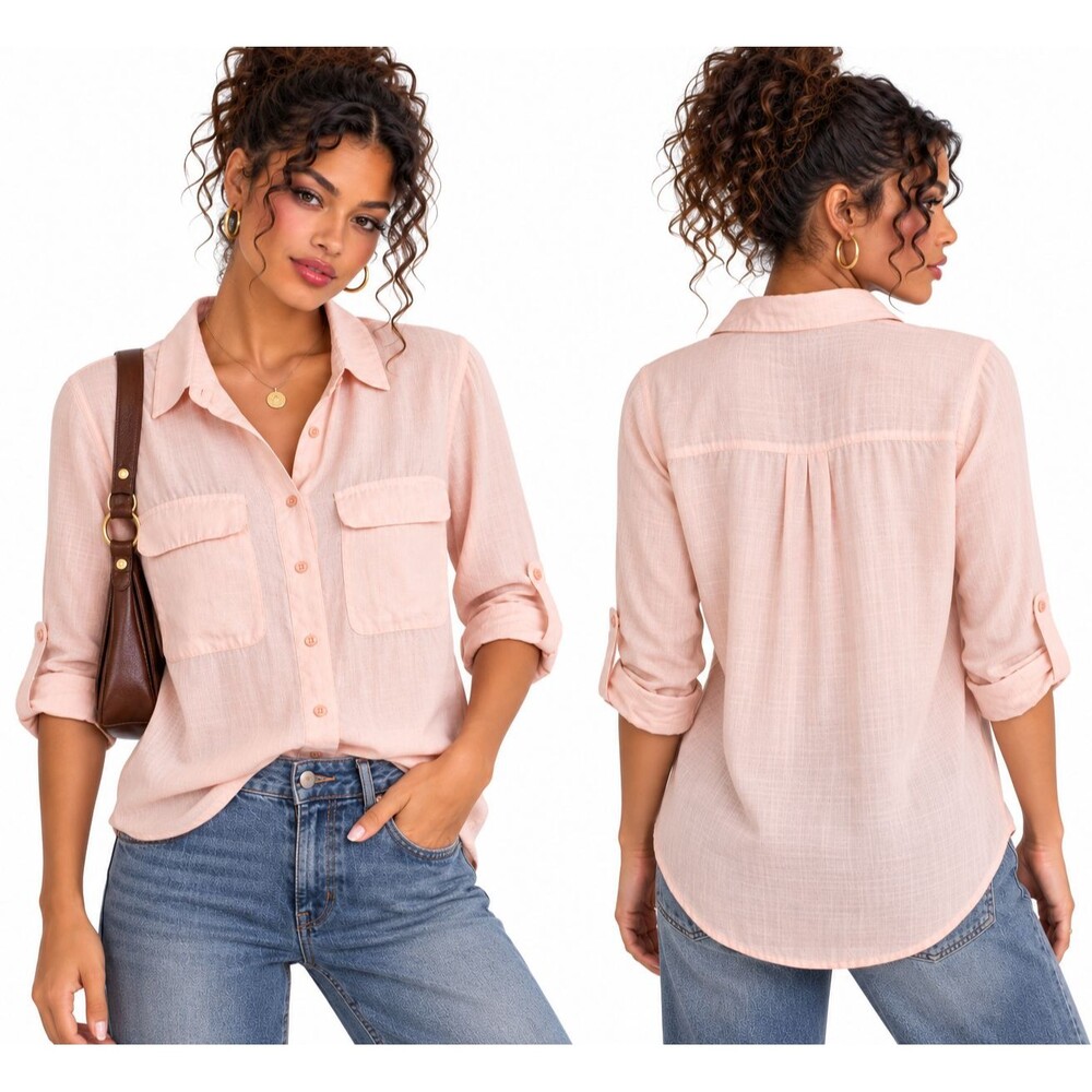 Calvin Klein Jeans Womens Small Blush Pink Button Down Shirt Roll Tab